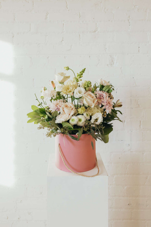 Pink Hat Arrangement - Rose and Vine Florals