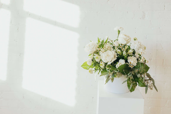 White Hat Box Arrangement - Rose and Vine Florals